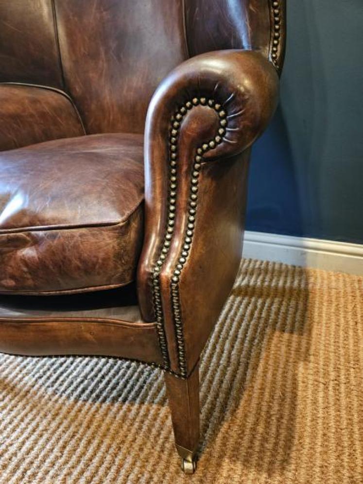 1930's Brown Leather Wing Back Arm Chair - Image 2