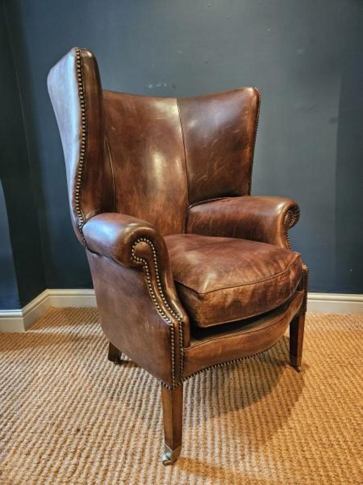 1930's Brown Leather Wing Back Arm Chair - Image 3