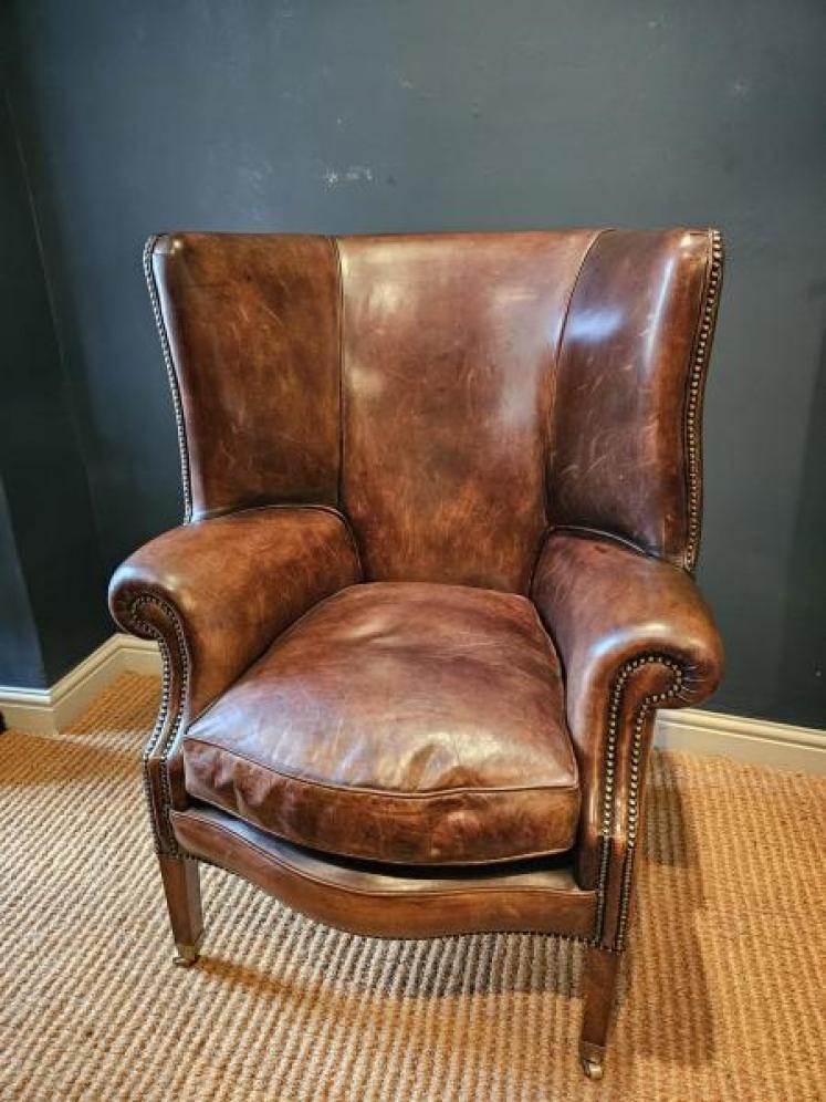 1930's Brown Leather Wing Back Arm Chair - Image 7