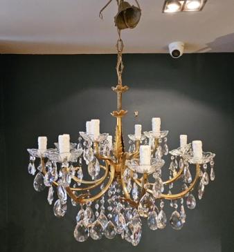 1920's Gilt Brass and Crystal 12 Arm Chandelier