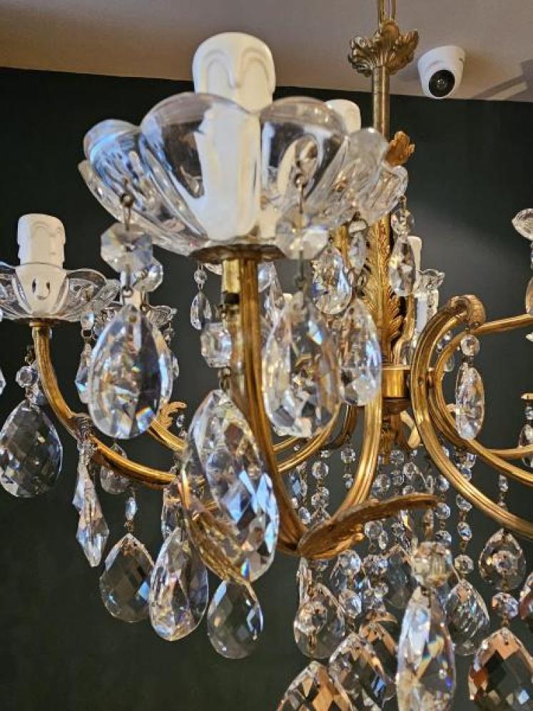 1920's Gilt Brass and Crystal 12 Arm Chandelier - Image 2