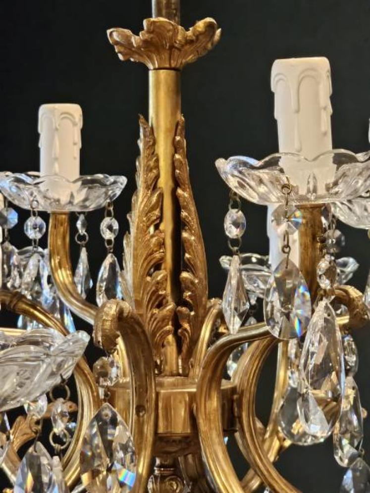 1920's Gilt Brass and Crystal 12 Arm Chandelier - Image 6