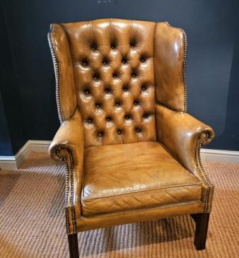 1930's Button Back Leather Wing Arm Chair