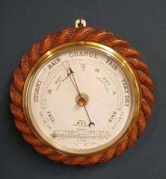 Large Victorian Oak Rope Twist Ship's Barometer
