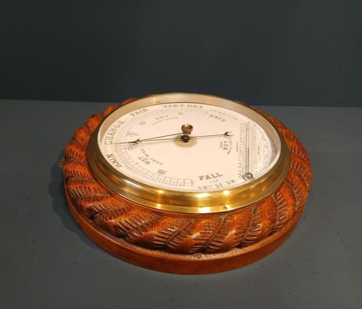 Large Victorian Oak Rope Twist Ship's Barometer - Image 7
