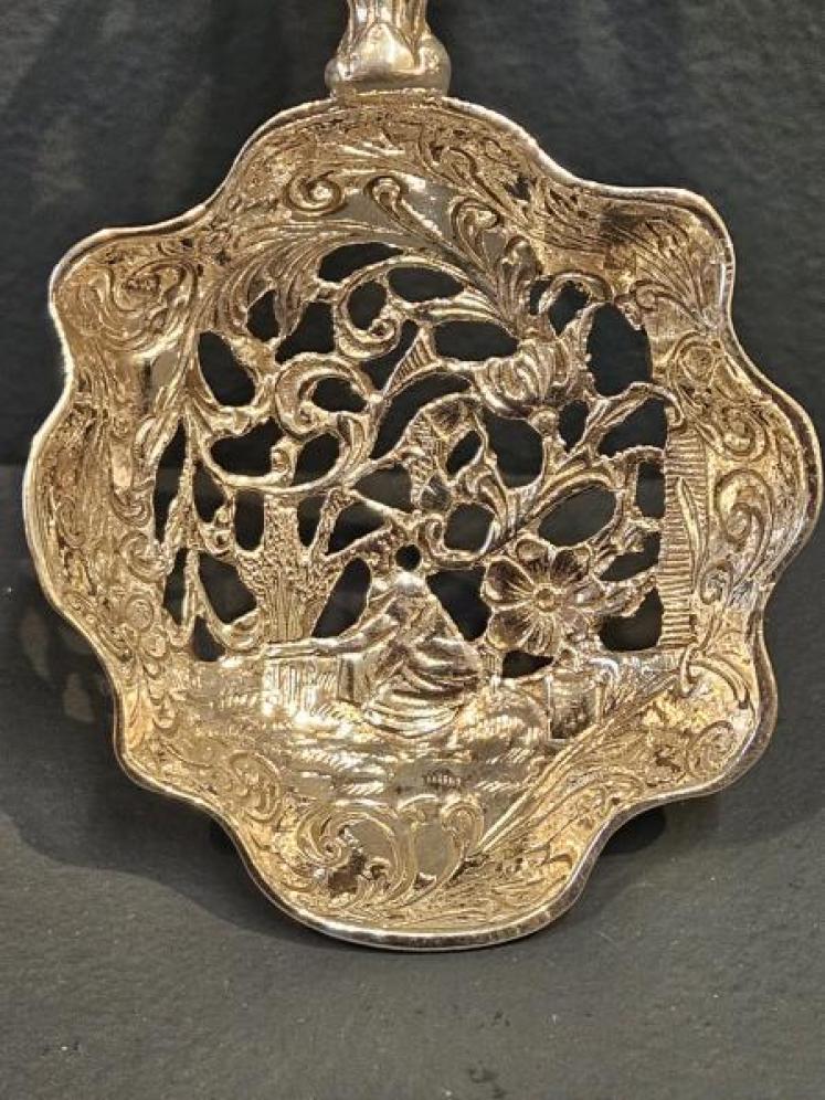 Edwardian Cast Silver Straining Spoon  - Image 6