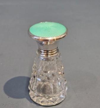 Silver and Mint Green Engine Turned Enamel Topped Scent Bottle