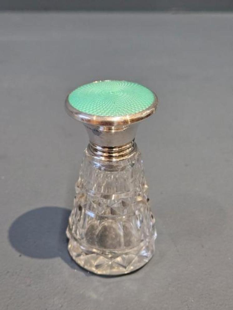 Silver and Mint Green Engine Turned Enamel Topped Scent Bottle - Image 1