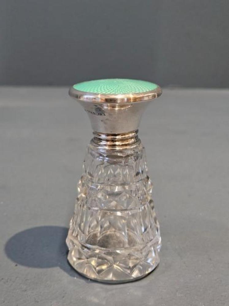 Silver and Mint Green Engine Turned Enamel Topped Scent Bottle - Image 2