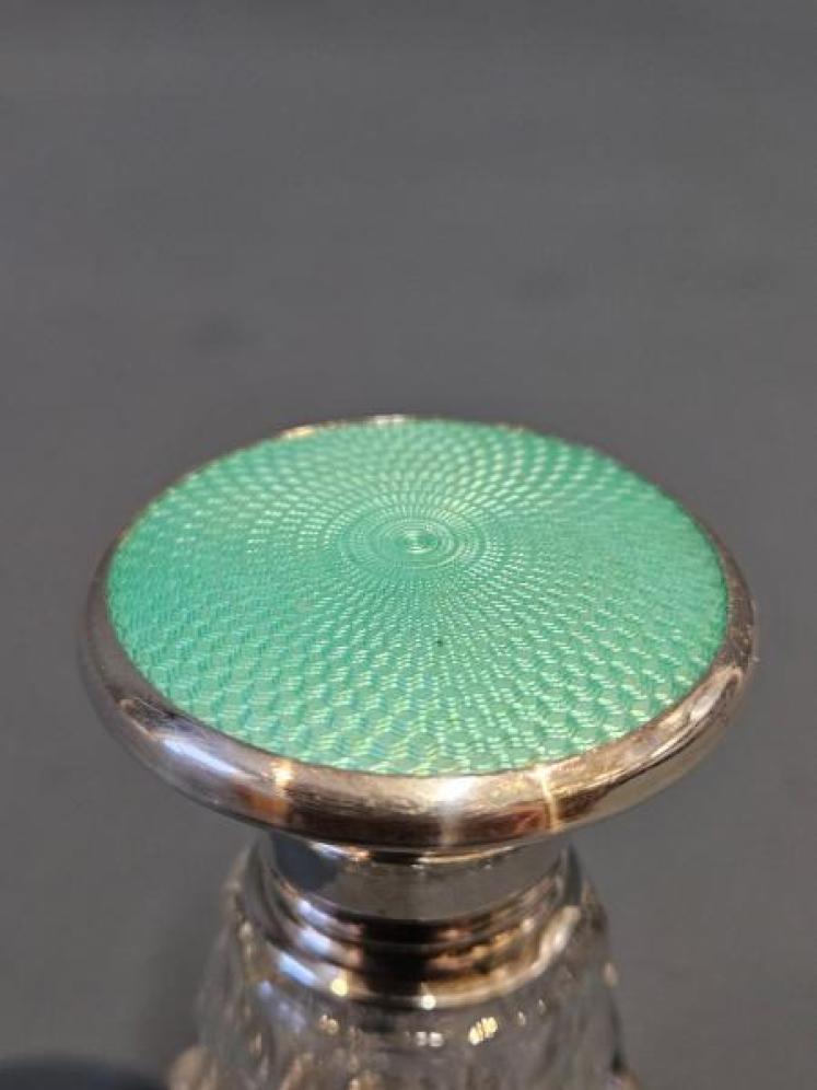 Silver and Mint Green Engine Turned Enamel Topped Scent Bottle - Image 3