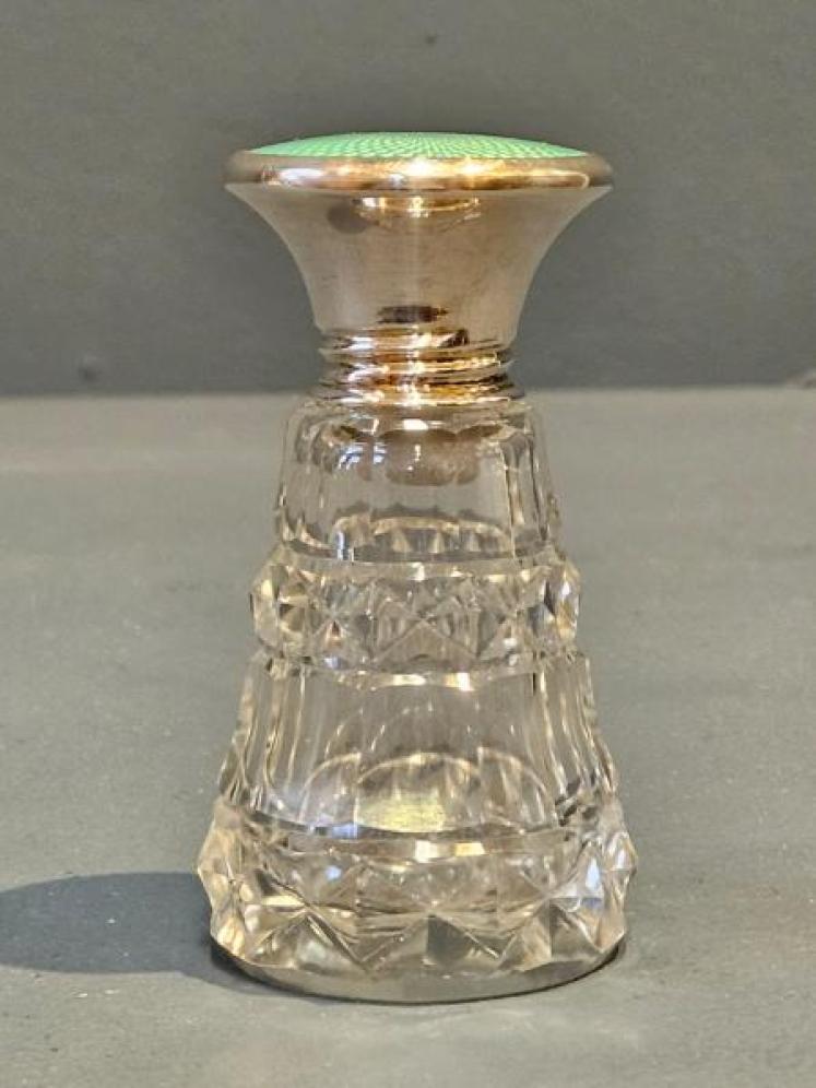 Silver and Mint Green Engine Turned Enamel Topped Scent Bottle - Image 6