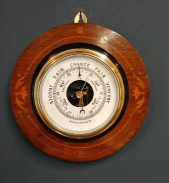 Edwardian Rosewood and Fruitwood Inlaid Aneroid Barometer