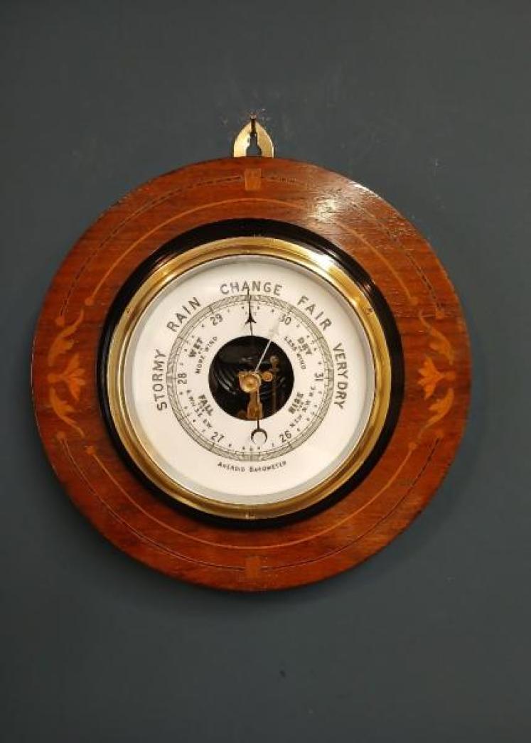 Edwardian Rosewood and Fruitwood Inlaid Aneroid Barometer - Image 1