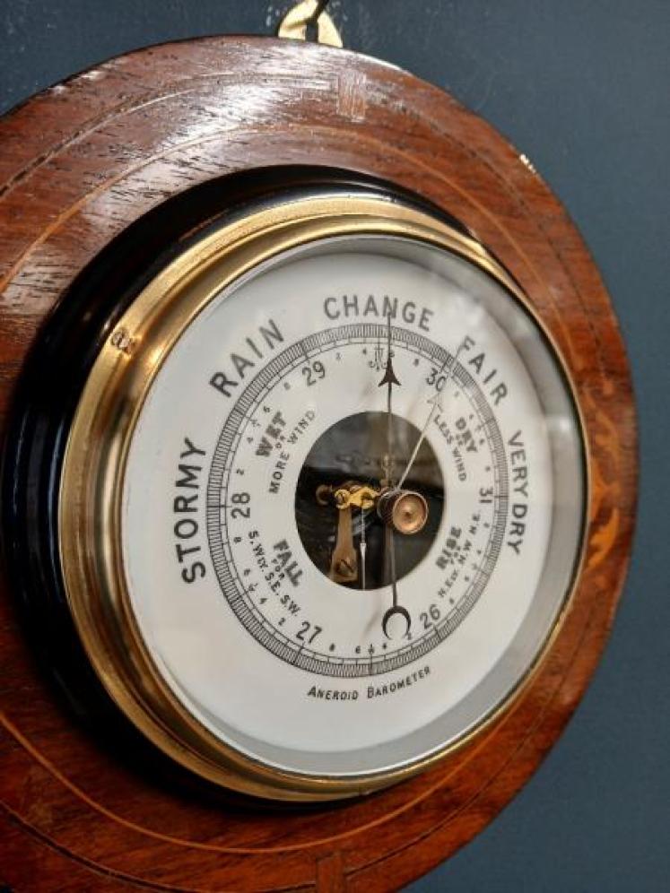 Edwardian Rosewood and Fruitwood Inlaid Aneroid Barometer - Image 2
