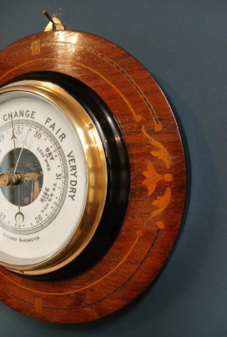 Edwardian Rosewood and Fruitwood Inlaid Aneroid Barometer - Image 3