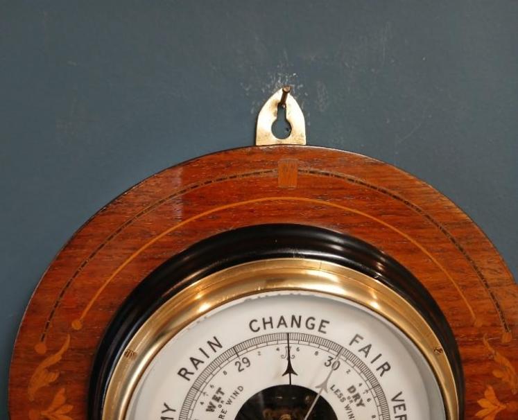 Edwardian Rosewood and Fruitwood Inlaid Aneroid Barometer - Image 4