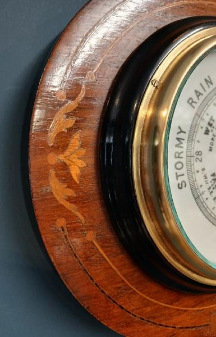 Edwardian Rosewood and Fruitwood Inlaid Aneroid Barometer - Image 5