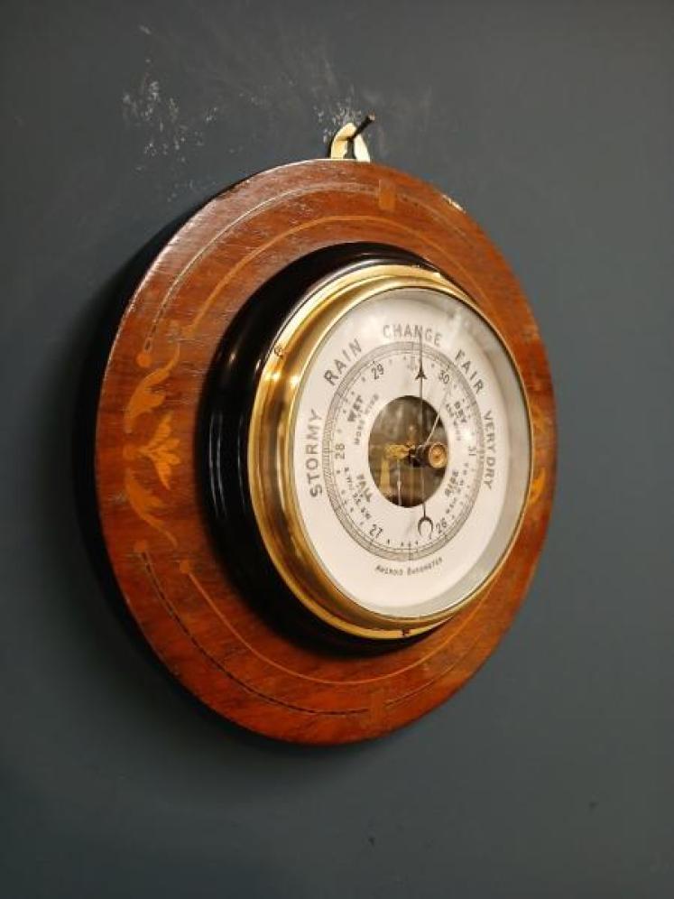 Edwardian Rosewood and Fruitwood Inlaid Aneroid Barometer - Image 6