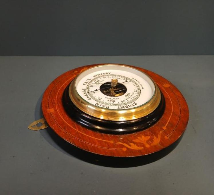 Edwardian Rosewood and Fruitwood Inlaid Aneroid Barometer - Image 7