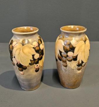 Matching Pair of Early Moorcroft Leaf and Berries Salt Glazed Vases
