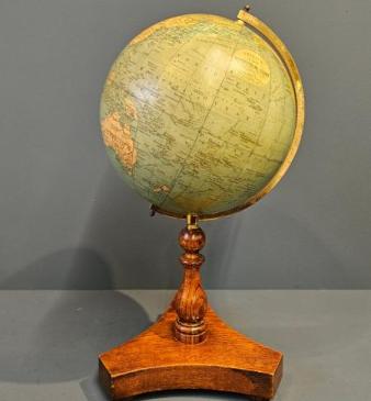 Superb 1930's 9" Plaster Library Globe on Oak Tripod Foot