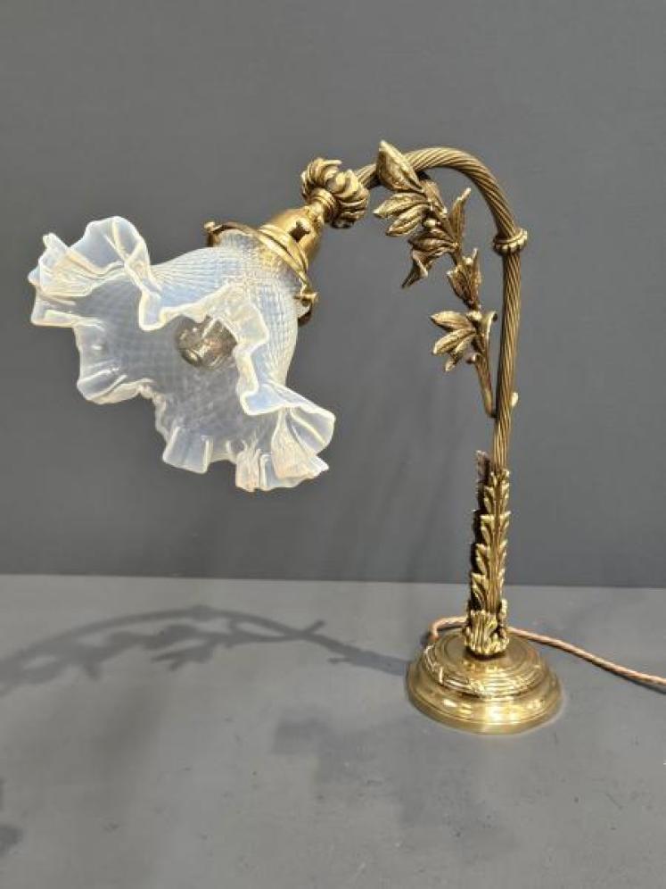 Edwardian Brass Table Lamp and Vaseline Shade - Image 4