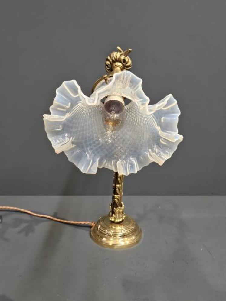 Edwardian Brass Table Lamp and Vaseline Shade - Image 7
