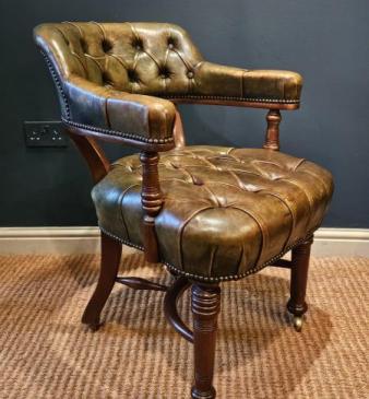 Victorian Deep Button Green Leather Desk Chair
