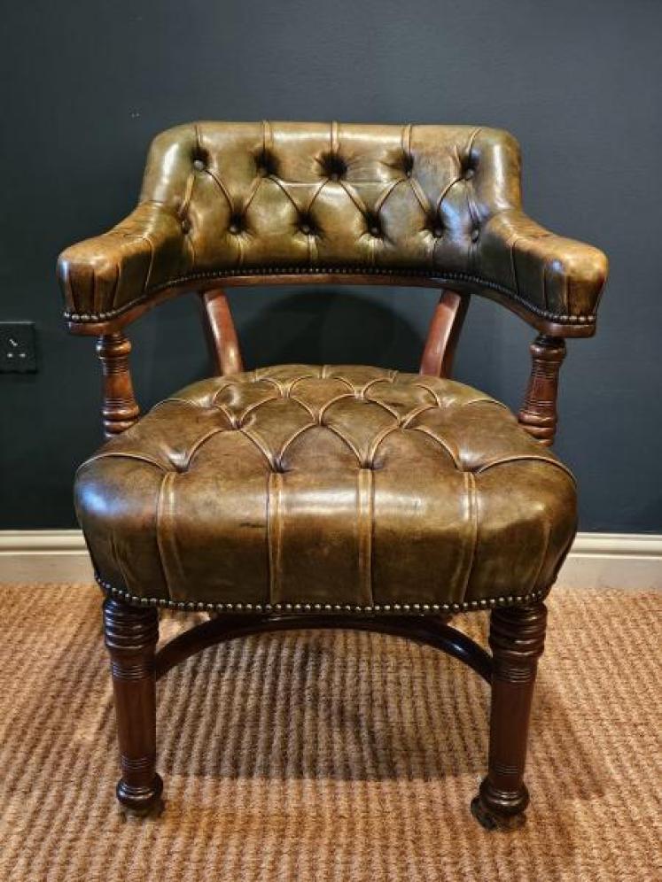 Victorian Deep Button Green Leather Desk Chair - Image 3