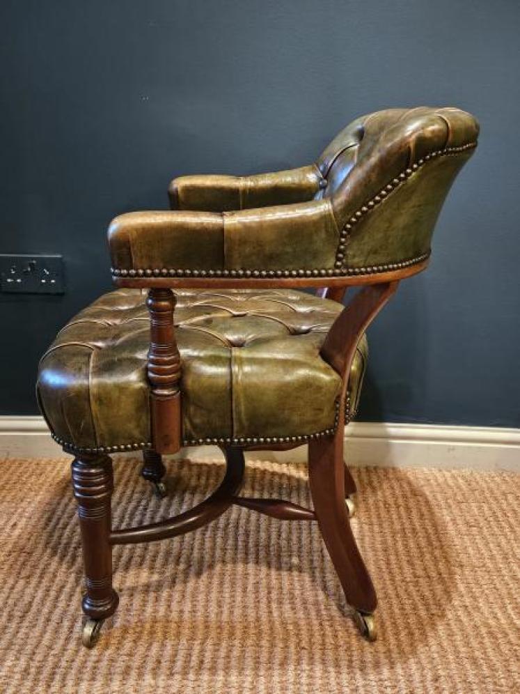 Victorian Deep Button Green Leather Desk Chair - Image 5