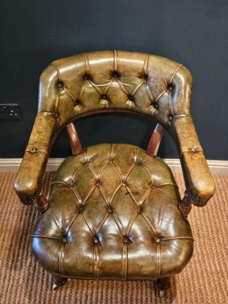 Victorian Deep Button Green Leather Desk Chair - Image 6