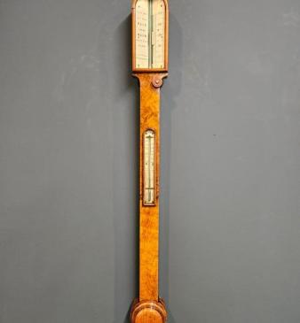 Mid Victorian Burr Walnut Stick Barometer 