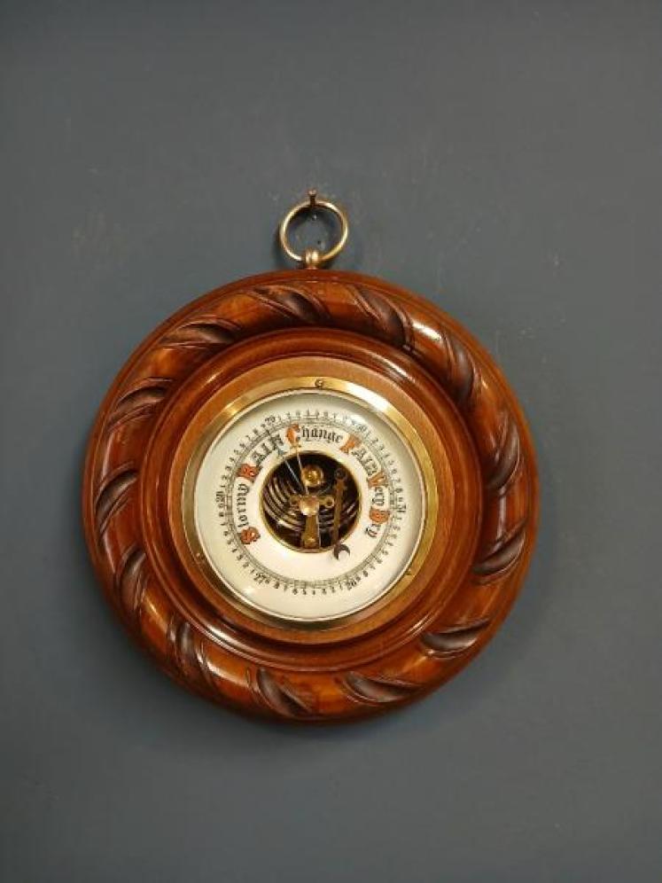 Victorian Turned and Carved Walnut Aneroid Barometer - Image 1