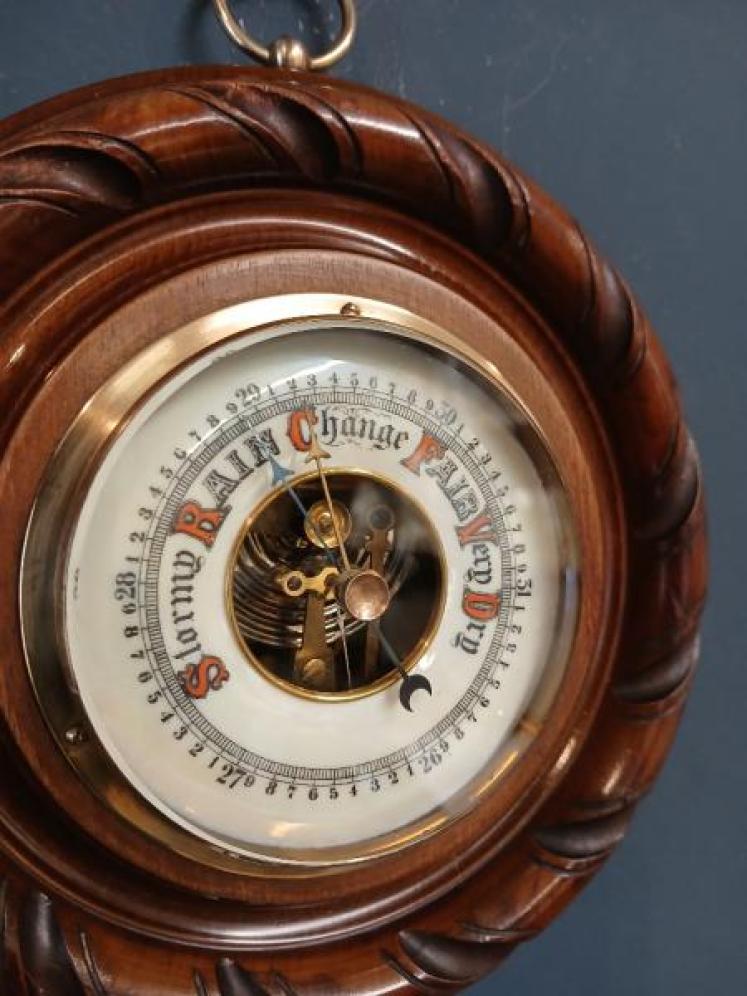 Victorian Turned and Carved Walnut Aneroid Barometer - Image 4