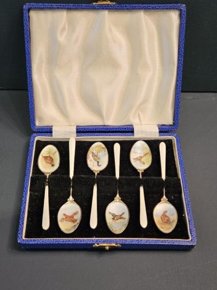 Set of Six Silver Gilt Enamel Game Bird Coffee Spoons - Image 1