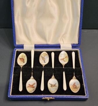 Set of Six Silver Gilt Enamel Game Bird Coffee Spoons
