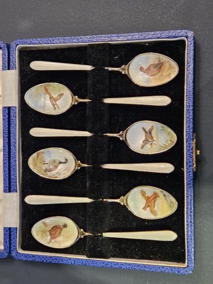 Set of Six Silver Gilt Enamel Game Bird Coffee Spoons - Image 2