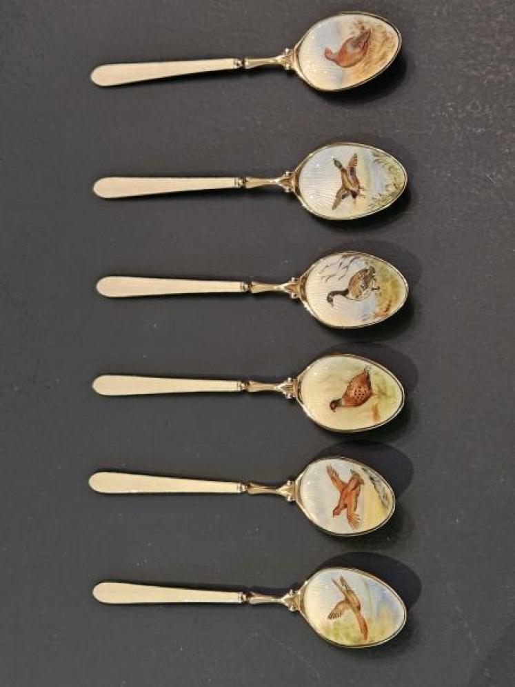 Set of Six Silver Gilt Enamel Game Bird Coffee Spoons - Image 3