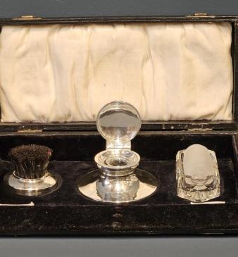 Silver 3 Piece Ink Well Nib Brush and Stamp Moistener Set