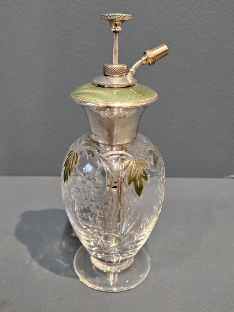 Silver and Laurel Green Engine Turned Enamel Scent Atomiser - Image 1