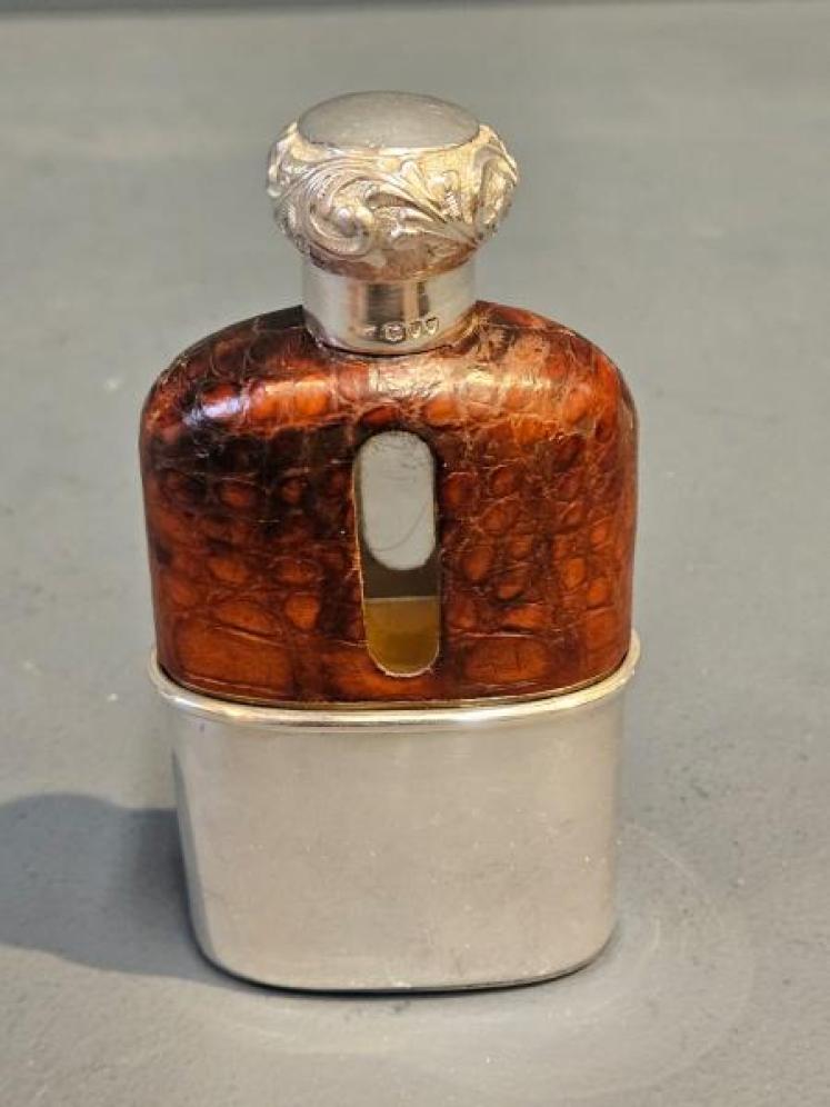 Victorian Silver and Crocodile Skin Hip Flask - Image 1