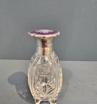 Engine Turned Silver & Lilac Enamel Topped Scent Bottle