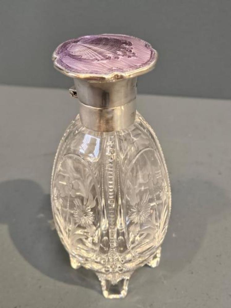 Engine Turned Silver & Lilac Enamel Topped Scent Bottle - Image 2