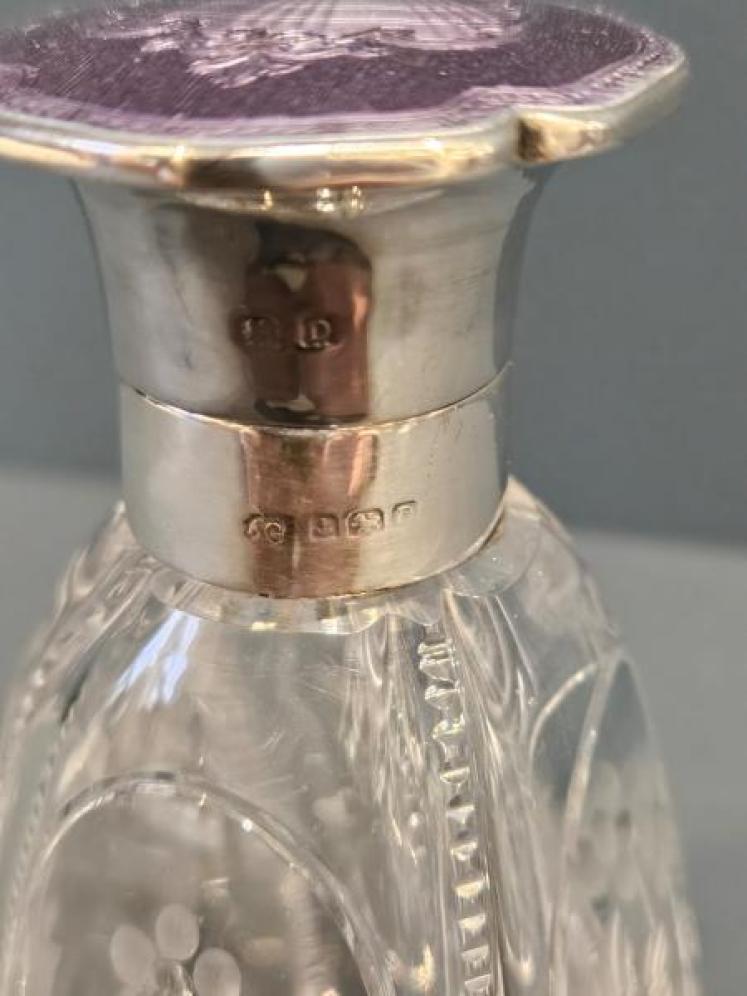 Engine Turned Silver & Lilac Enamel Topped Scent Bottle - Image 5