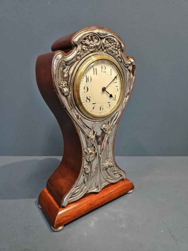 Edwardian Silver Fronted Art Nouveau Mantel Clock - Image 1