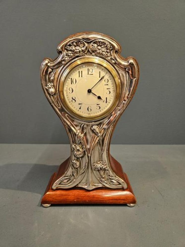 Edwardian Silver Fronted Art Nouveau Mantel Clock - Image 2