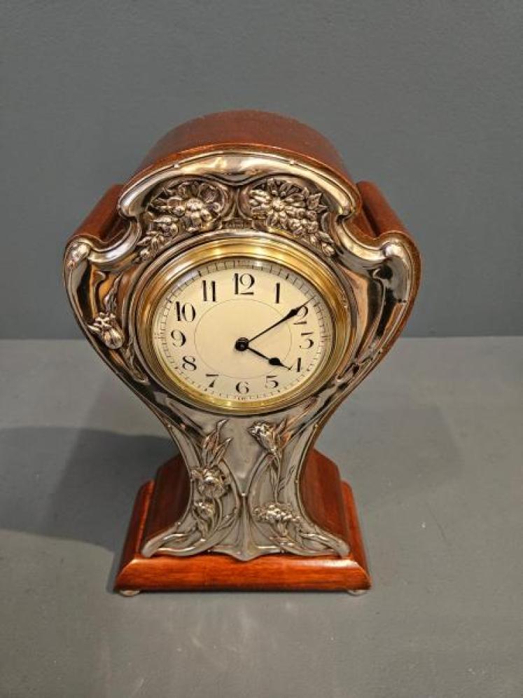 Edwardian Silver Fronted Art Nouveau Mantel Clock - Image 3