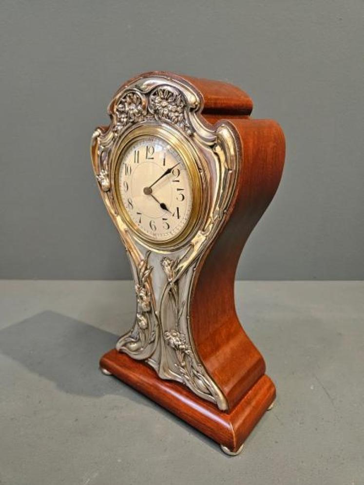 Edwardian Silver Fronted Art Nouveau Mantel Clock - Image 5