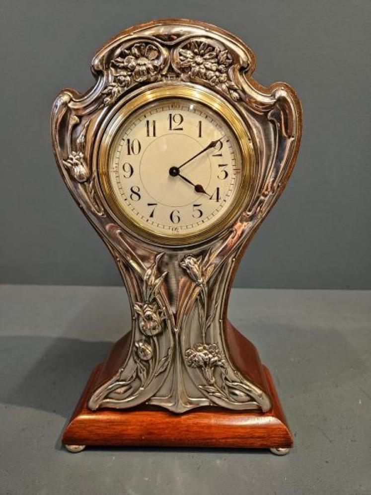 Edwardian Silver Fronted Art Nouveau Mantel Clock - Image 7