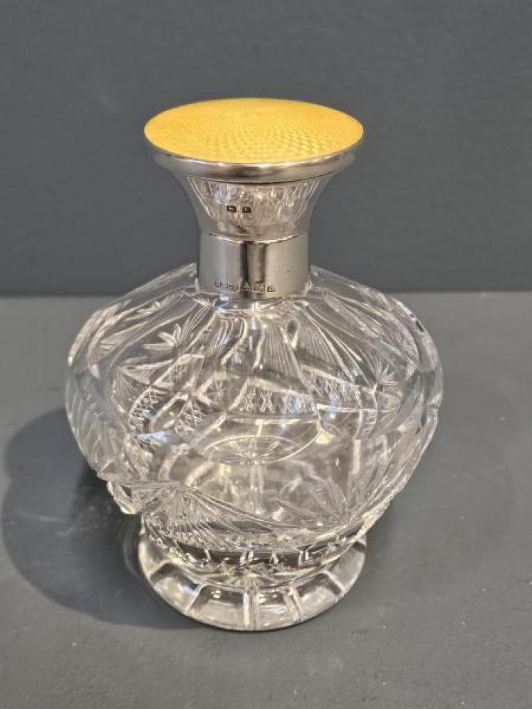 Silver and Yellow Engine Turned Enamel Topped Scent Bottle - Image 1